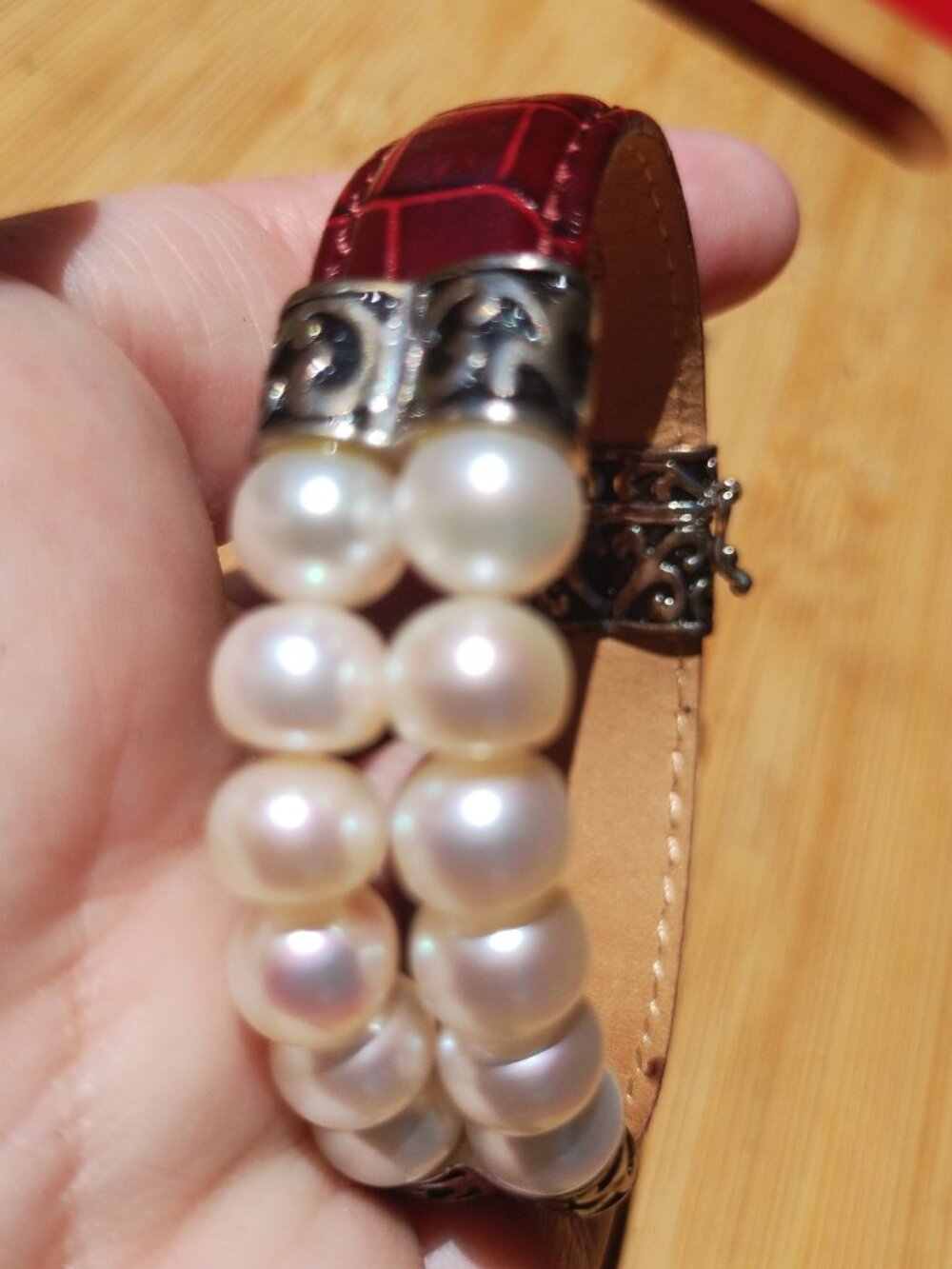 HONORA Double Stranded Pearls Sterling Silver Scroll Design Red Leather Bracelet